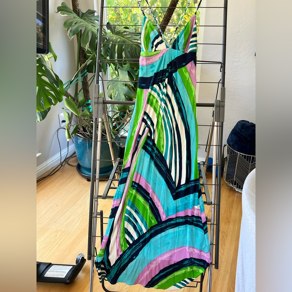 Julie Brown Vibrant Green and Pink Abstract Print Silk Dress - Size Small